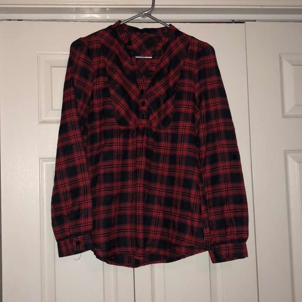 Mine red and navy flannel shirt.